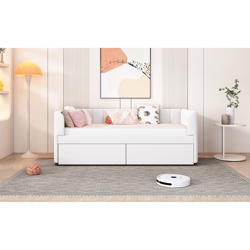 Twin Daybed With 2 Storage Drawers And Ergonomic In Beige - Classic Stripe Headboard For A Charming Bedroom Design Comfort Space Saving
