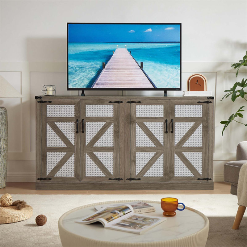 Buffet de 65 pouces en faux rotin avec portes de grange, grand rangement, durable et élégant pour une utilisation dans plusieurs pièces