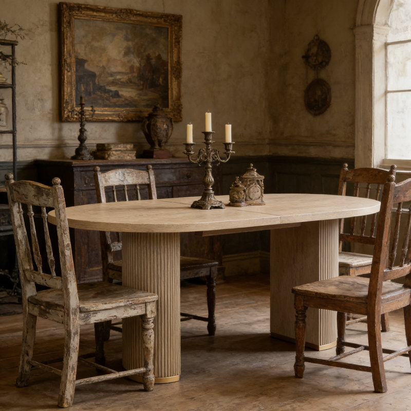Table de salle à manger ovale à double piédestal, Naturel