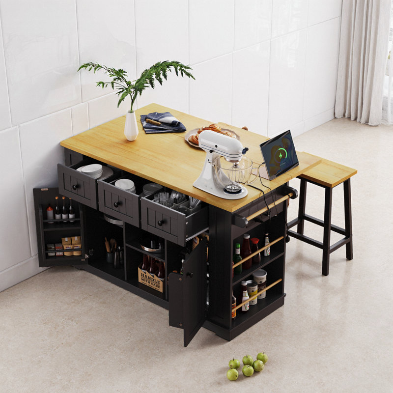 Grand îlot de cuisine noir avec prise de courant et 2 tabourets de bar, armoire de rangement, abattant, tiroirs, Noir