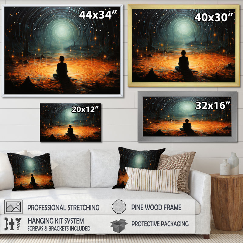 Orange Teal Meditation Stillness Within Pointillism - Spiritual Canvas Wall Art, H 24 po x l 32 po, Cadre flottant blanc