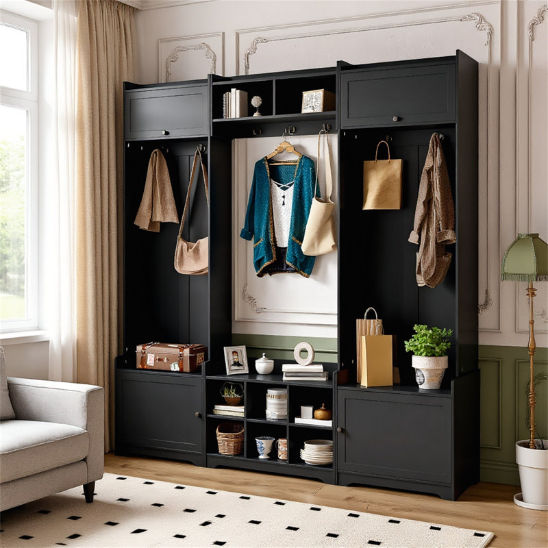 79.1'' Wide Modern Hall Tree – Stylish 4-In-1 Entryway Bench With 8 Cubbies, 7 Coat Hooks & Adjustable Shelf For Your Hallway Or Living Room, Black