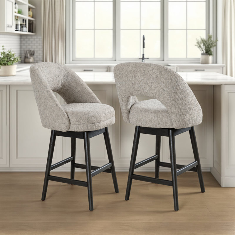 Tabouret tournant en bois massif avec siège en tissu Watanabe, Chêne gris, 1