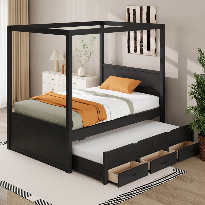 Lit à baldaquin en bois avec lit gigogne simple, 3 tiroirs de rangement, cadre de lit plateforme avec tête de lit, lit à colonnes, sommier à lattes en bois