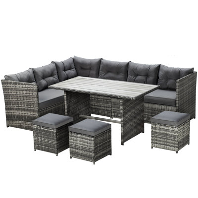 Red Barrel Studio® 7 Pieces Patio Furniture Set, Outdoor Sectional Conversation Sofa Set Wicker Rattan Couch With Dining Table And Ottomans Grey