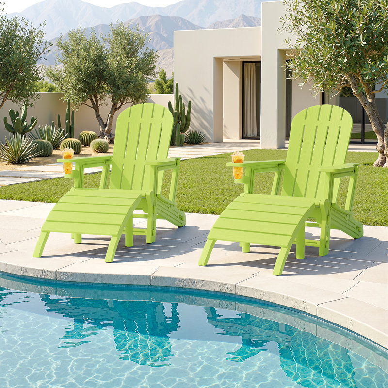  2-Person Outdoor Adirondack Chair with Ottoman, Green
