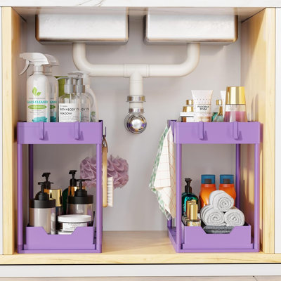 Lot de 2 organisateurs sous évier avec tiroir coulissant, étagère de rangement coulissante à 2 niveaux, étagère métallique multifonctionnelle pour cuisine, salle de bain, buanderie, organisateur gain de place