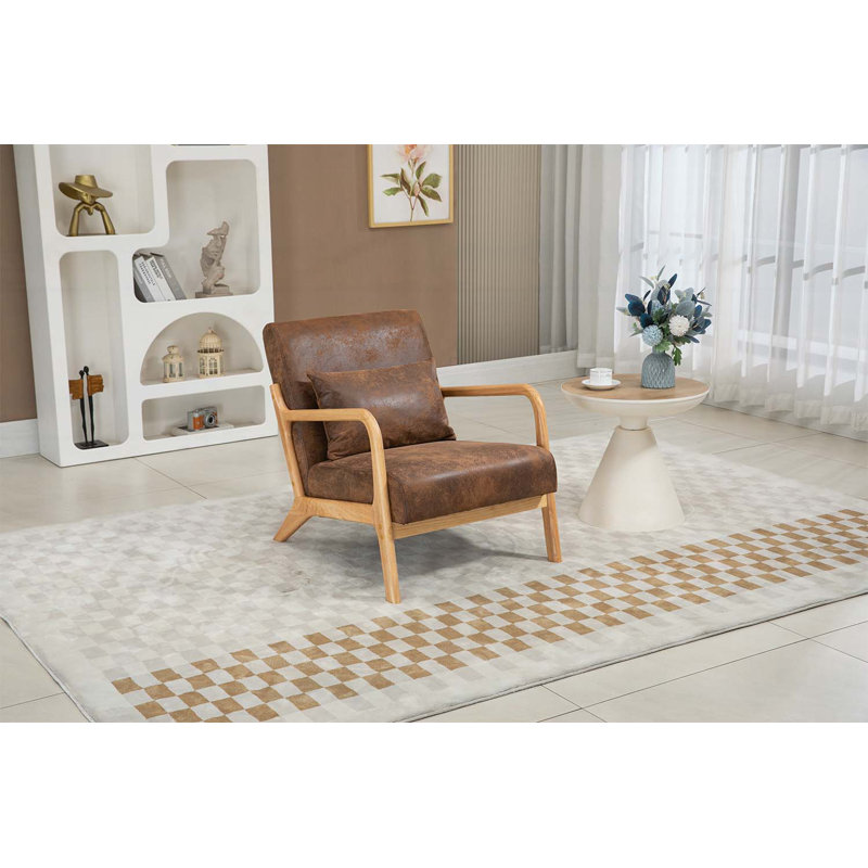 Chaise d'appoint avec structure en bois, parfaite pour la lecture et la détente, Tissu brun, Naturel