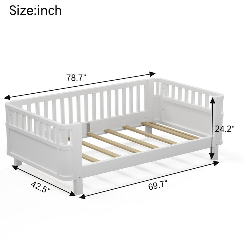 Lit plateforme simple en bois pour enfants, lit simple en bois à profil bas avec rails pour filles et garçons, blanc