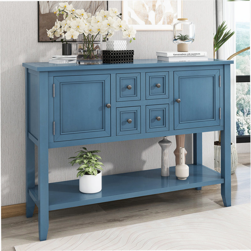 Armoire d'appoint en bois massif Delfausse, Bleu marine antique