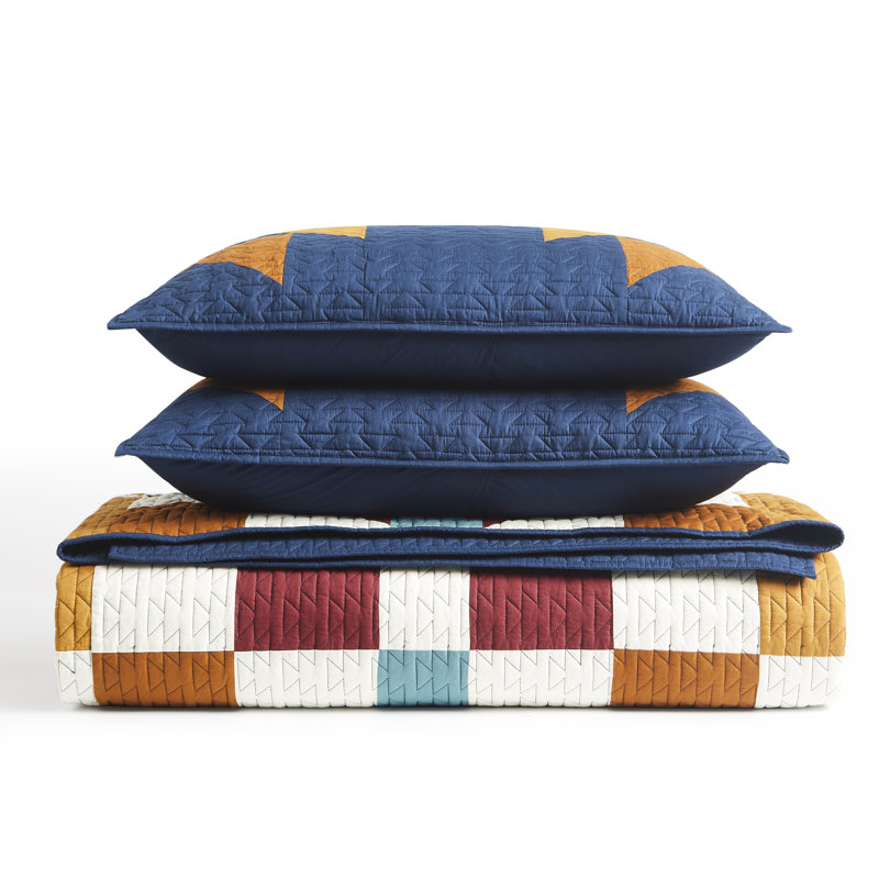 Navy Cotton Full Quilt Set with Geometric Pattern