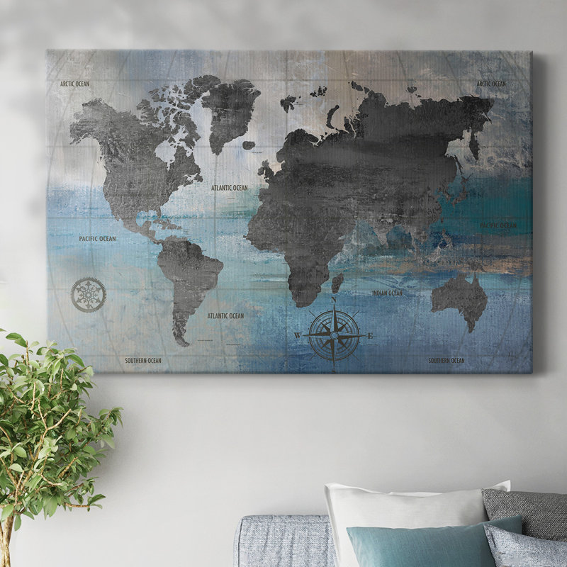 Carte du monde sur toile bleue et grise, H 12 po x l 18 po