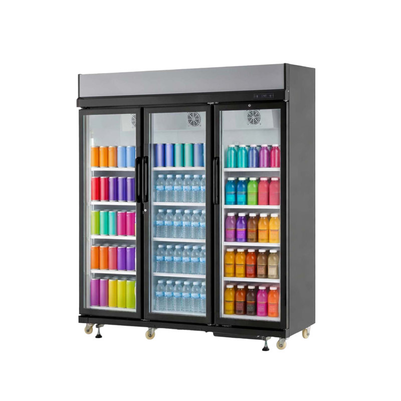 Frigidaire 49,4 pieds cubes Pi. Réfrigérateur commercial à triple porte vitrée, réfrigérateur à boissons 71 po avec éclairage DEL, contrôle numérique de la température, portes en verre à fermeture automatique