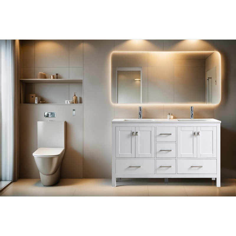 Meuble-lavabo de 60 po avec plateau en quartz blanc et 2 lavabos en céramique EEST VANITY - 9008