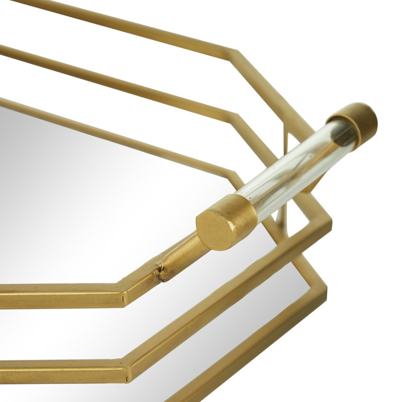 Stretched Octagon Gold Metal Framed Tray With Mirrored Base And Clear Handles, 28" X 6"