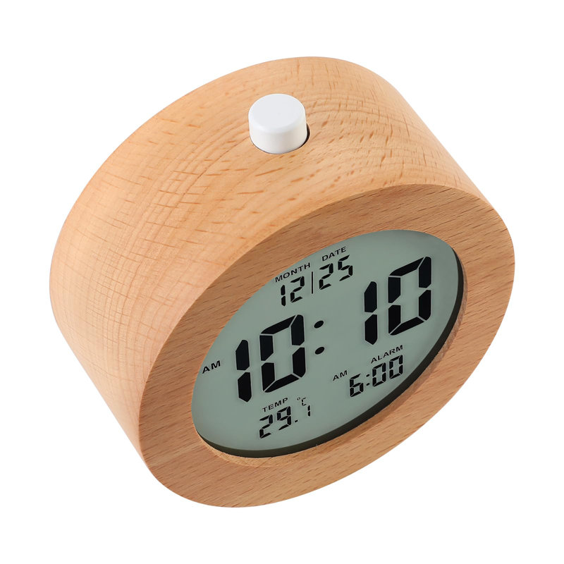 Round Wooden Digital Alarm Clock with Snooze, Nightlight, LCD Display