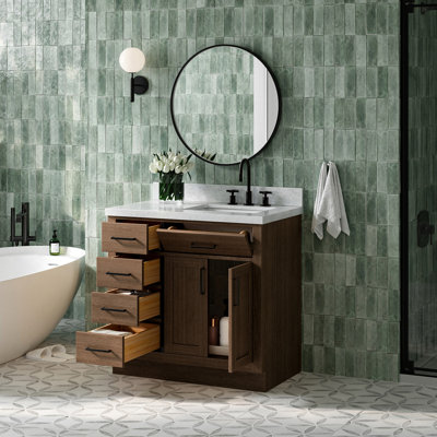 Meuble-lavabo simple en bois massif 36 po Tidworth avec plateau en marbre de Carrare 1,5 po
