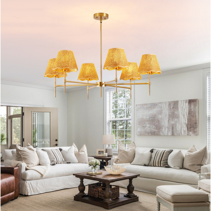 6-Light Boho Rattan Pendant Light, Rustic Industrial Large Adjustable Chandelier, UL Listed Ceiling Lighting Fixture for Kitchen Island, Dining Room and Living Room