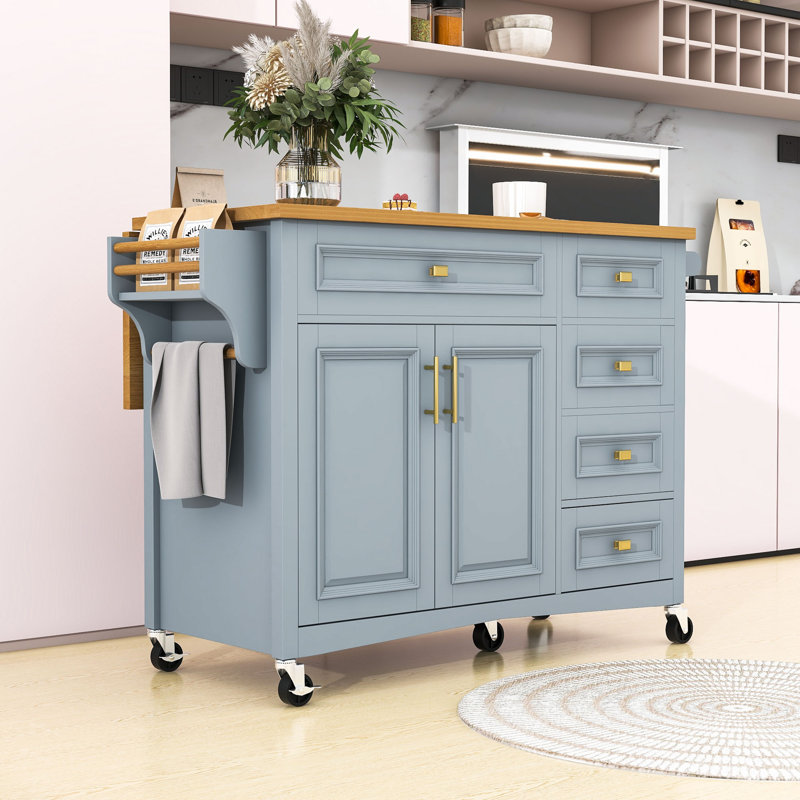 Kitchen Island with Drop Leaf, Embossed Texture Kitchen Island on Wheels with 2 Doors and 5 Drawers, Blue/Gray