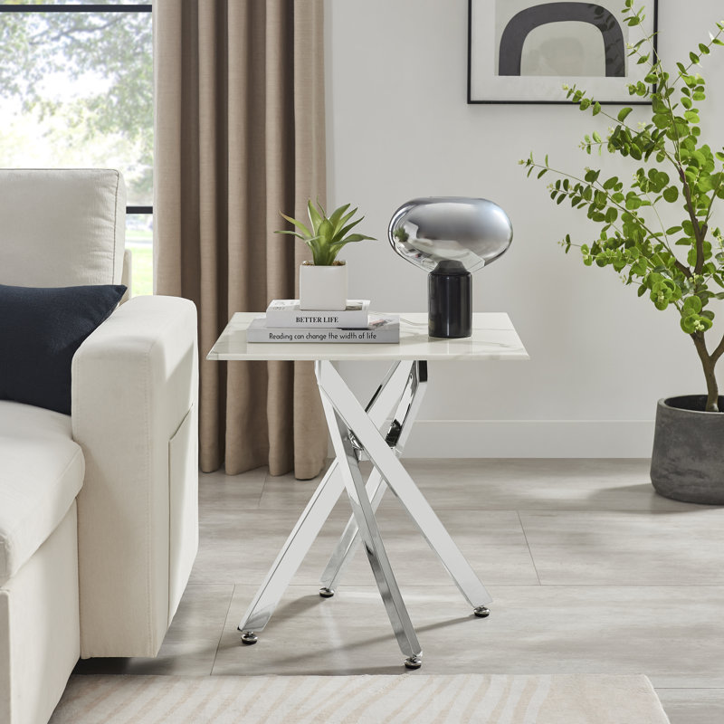 Leonardo Side Table Grey Glass Marble Top Silver Legs, Silver Chrome Metal, White Marble Effect