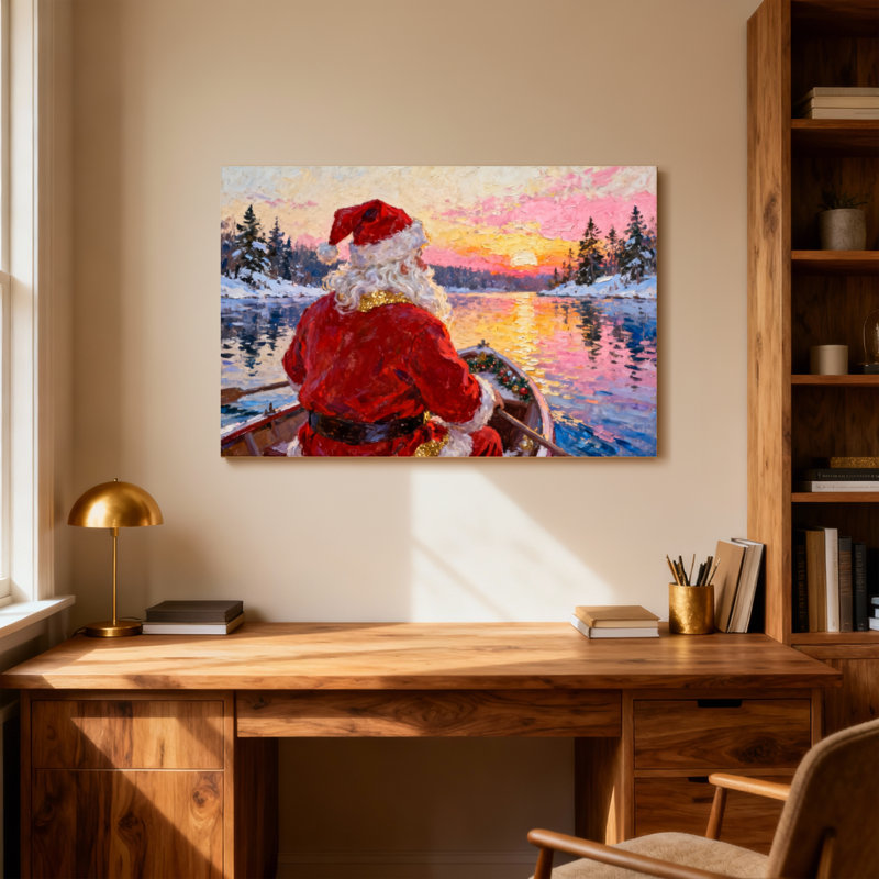 Noël, père Noël, bateau à rames, coucher de soleil, paysage d'hiver, H 12 po x l 18 po