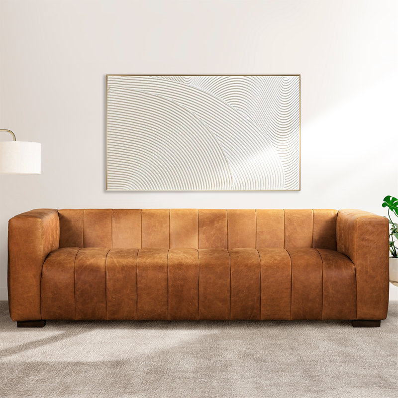Canale Full-Grain Genuine Italian Leather Tufted Sofa, Cognac Tan, 86" W