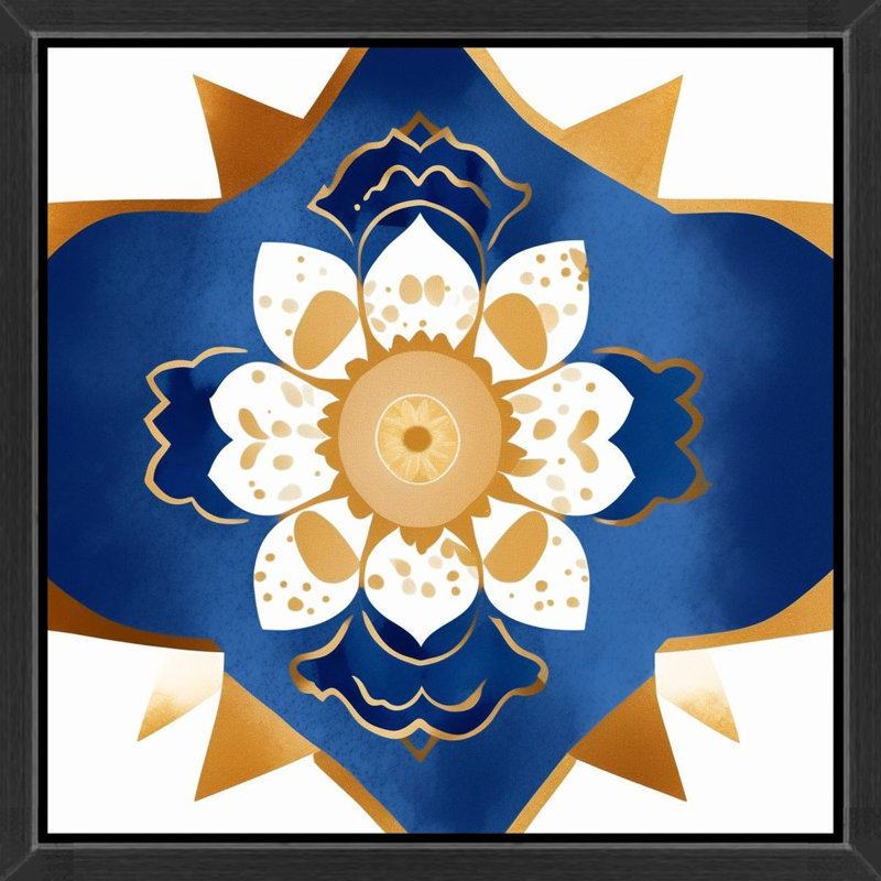 Motif complexe de mandala bleu et or - art mural encadré sur toile, 36" H x 36" W, Brown