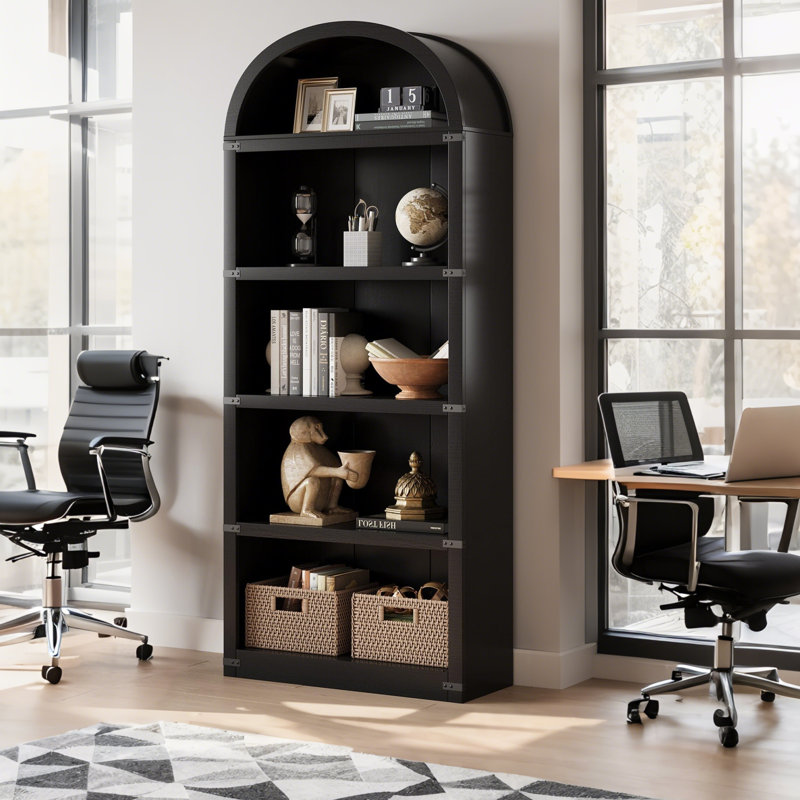 Bookcase 5 Shelf Arched Bookshelf, 72'' Tall Bookcase Farmhouse Display Storage Rack Wooden Bookshelves, Black