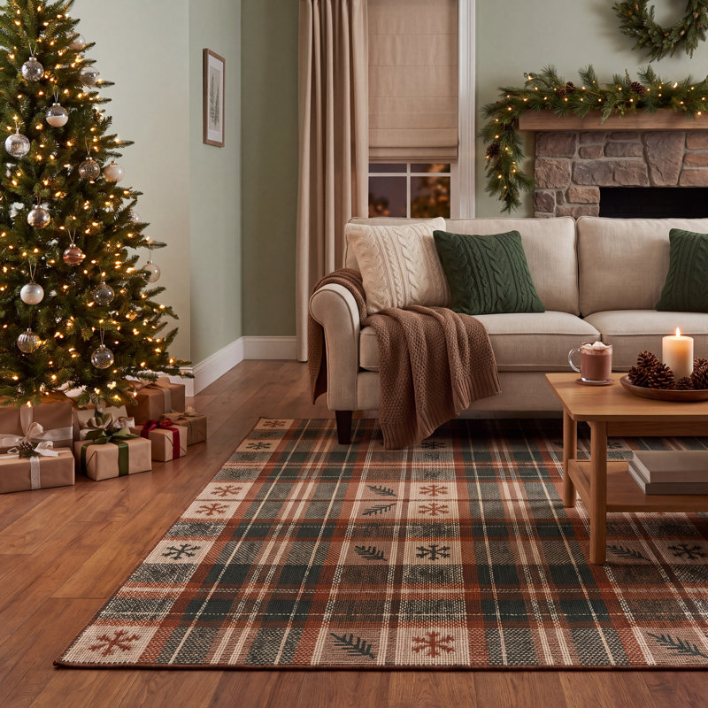 Tapis d'hiver Sile moderne à carreaux orange vert anti-dérapant, Rectangle 6 pi 11 po x 8 pi 10 po