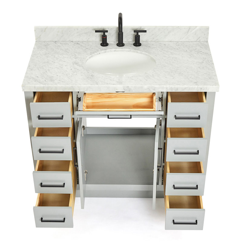 Thornaby 42'' Solid Wood Single Bathroom Vanity with 1.5'' Carrara Marble Top, Grey / Matte Black, Oval