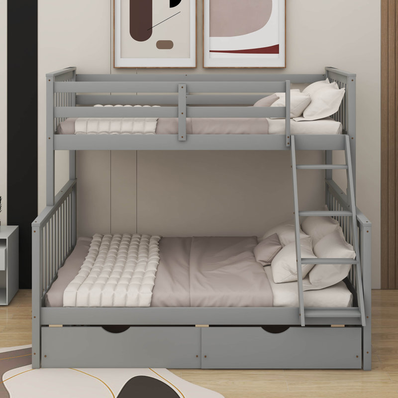 Lit simple superposé au dessus d'un lit double avec échelles et tiroirs, Gris