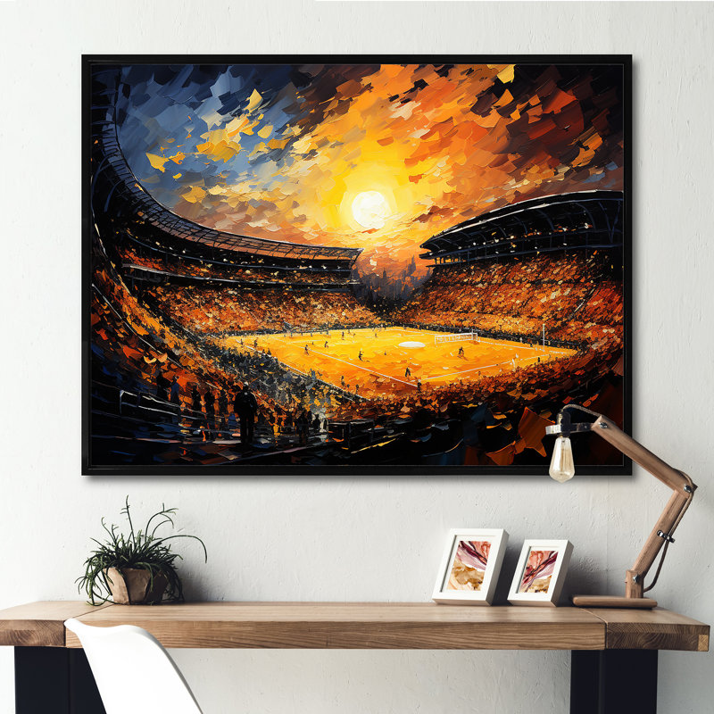 Lumières de stade et foules rugissant - décoration murale de stades, Cadre flottant noir, H 16 po x l 32 po x P 1 po