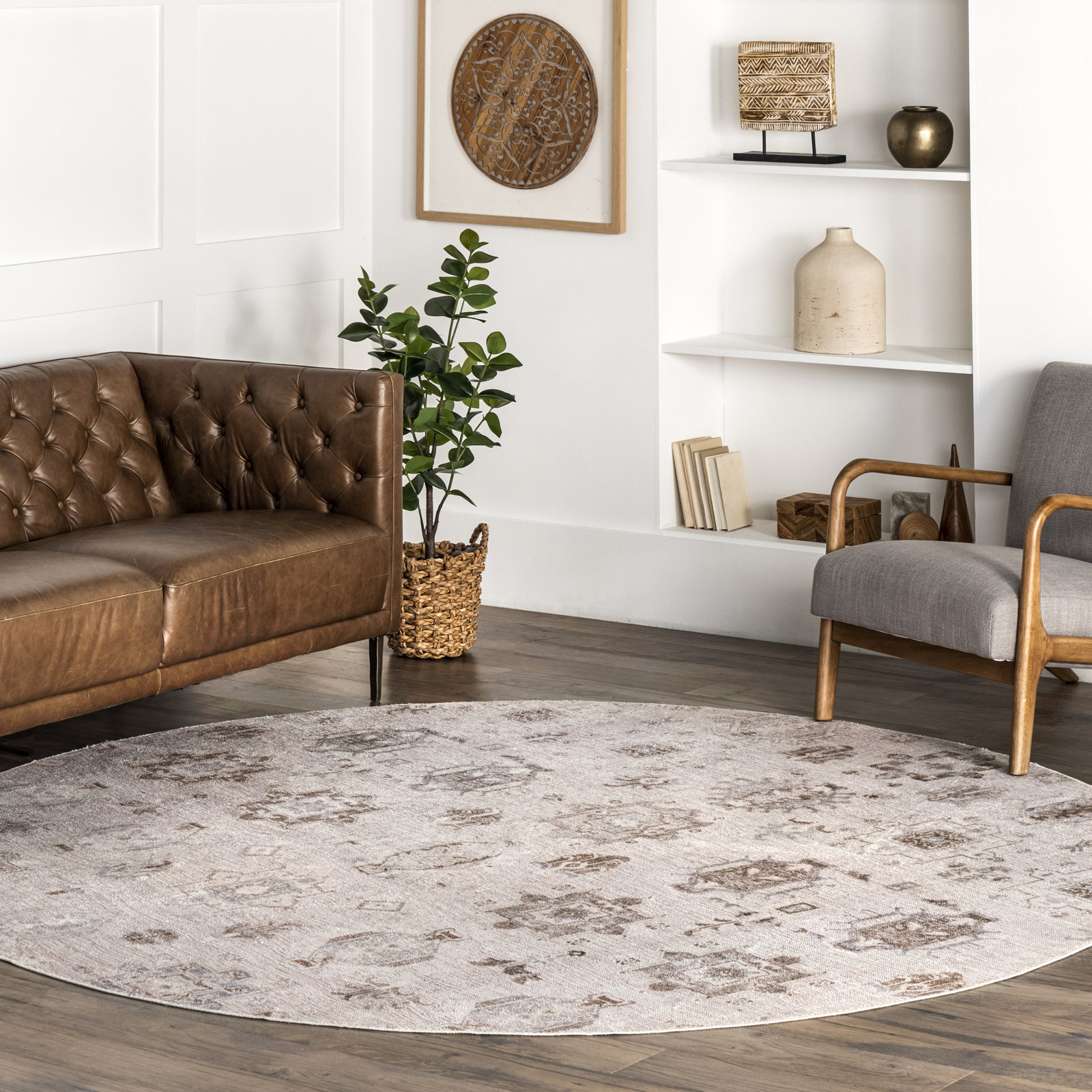 Beige Ivory Machine Washable Oriental Rug, Round 6'