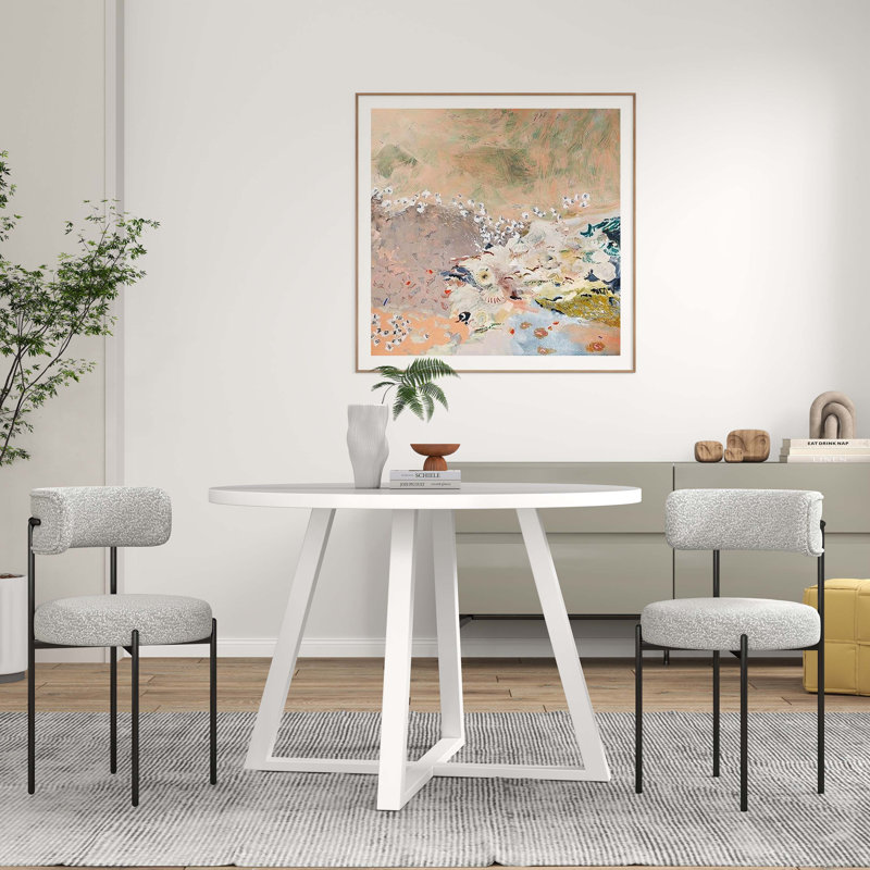 3-Piece Round Dining Set, Trestle Dining Table with 2 Boucle Chairs, Gray