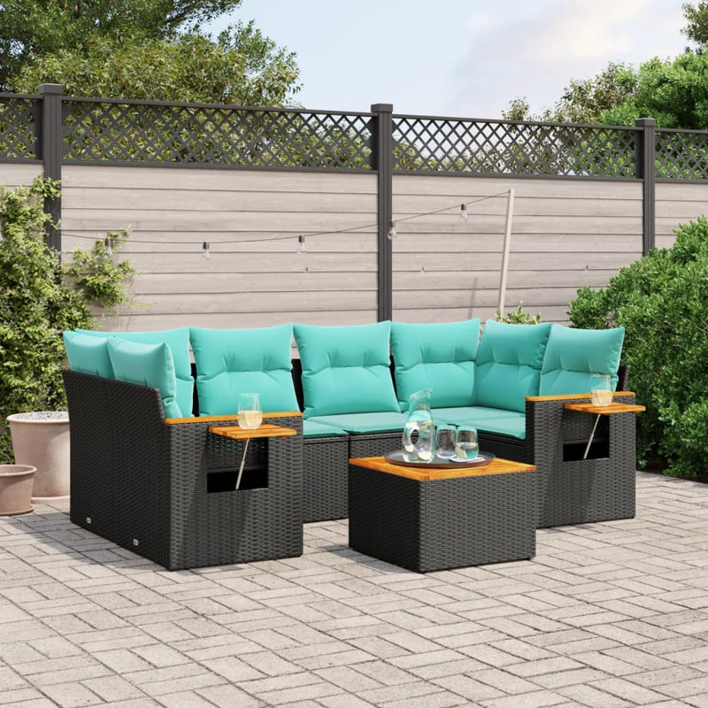  Ensemble de canapé de patio 7 pièces avec coussins en rotin de polyester noir