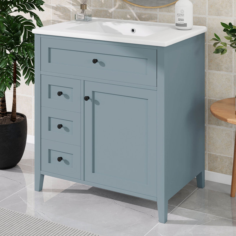 Meuble-lavabo de 30 po avec lavabo, armoire de salle de bain avec 3 tiroirs et tiroir basculant, porte à fermeture en douceur avec rangement