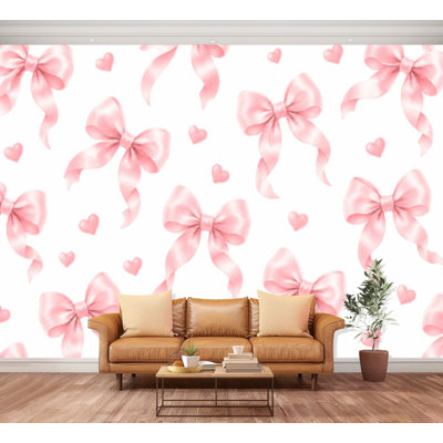Wall Mural Peel and Stick pink ribbon bow coquette heart aesthetic banners Trendy white Large Wallpaper Self-Adhesive Removable Contact Paper Wall Decor for Living Room Bedroom Nursery 100"H x 144"W