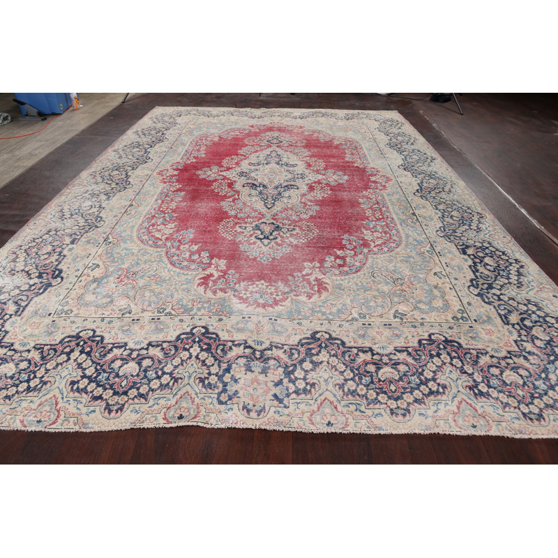 Tapis décoratif en laine de conception unique noué à la main 1960 Kerman beige/rouge 9 pi 8 po x 13 pi 7 po