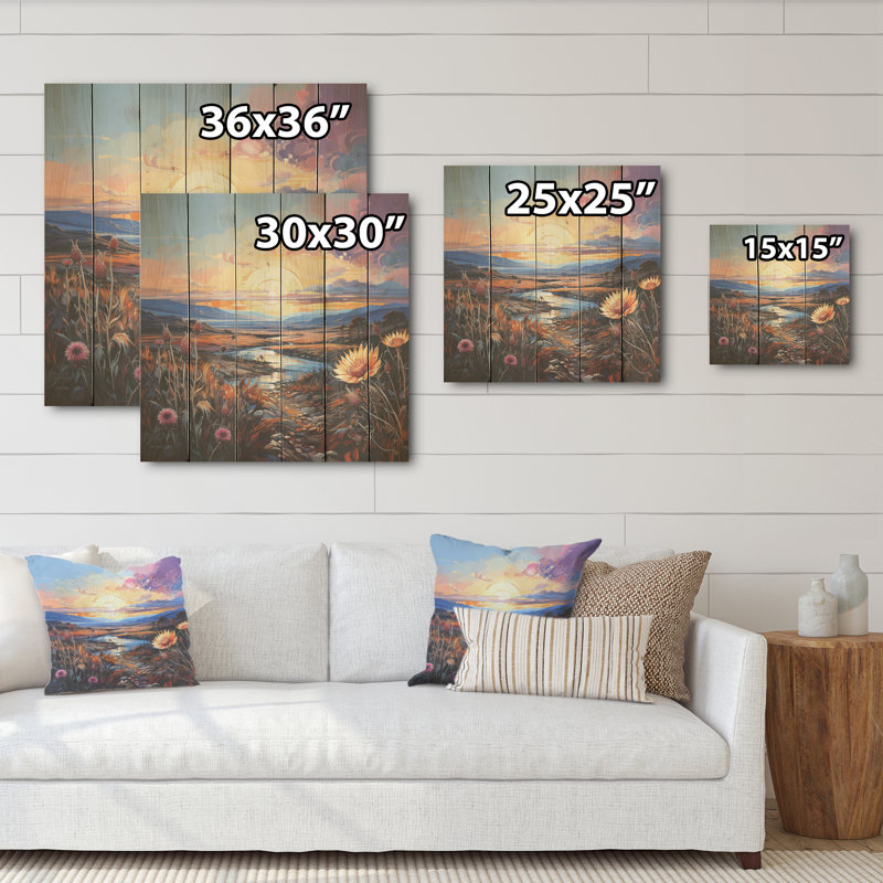 Thistle Flower Field Sunset I - Art mural en bois sur fond de bois de pin naturel, H 25 po x l 25 po