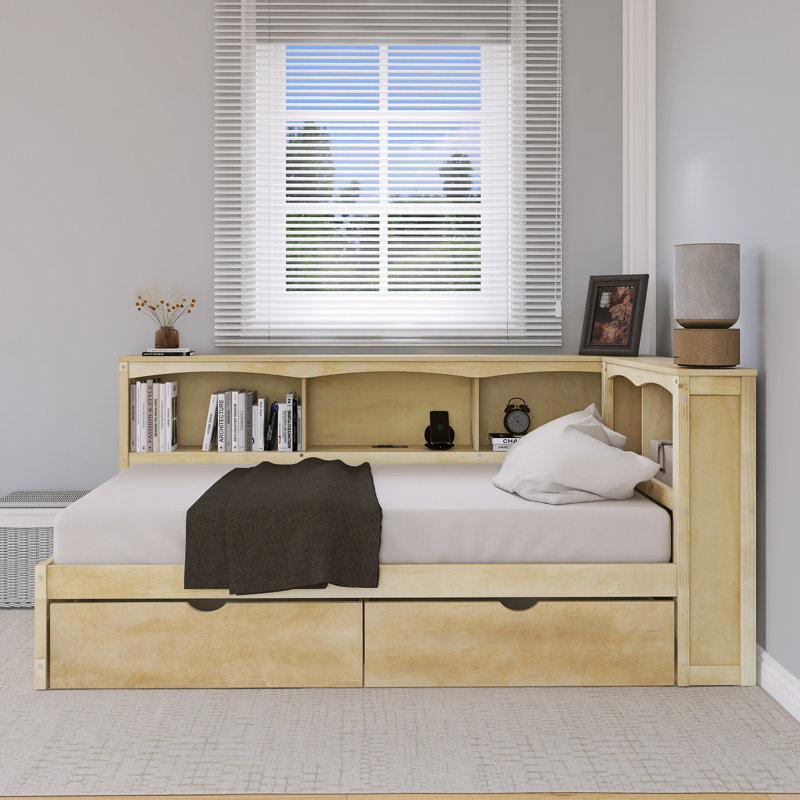 Twin Size Daybed With Two Storage Drawers And USB Ports, Natural