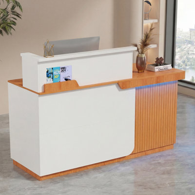 Modern Reception Desk with LED Lights & Charging Station, 62.2" Modern Office Front Desk with Spacious Countertop