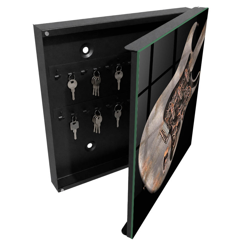 Key box, Opens to the left, 30x30x5, Black, Industrial guitar with cogs and gears, 