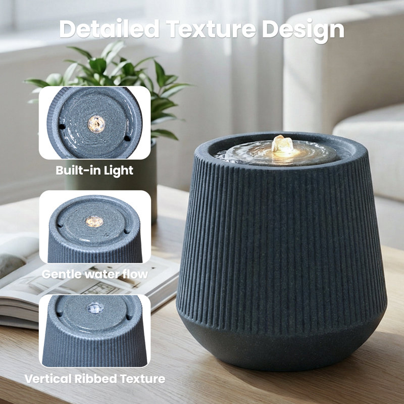 Mini Oval Gray Outdoor Fountain With LED & 3.5W ETL Pump–Compact Tabletop Waterfall