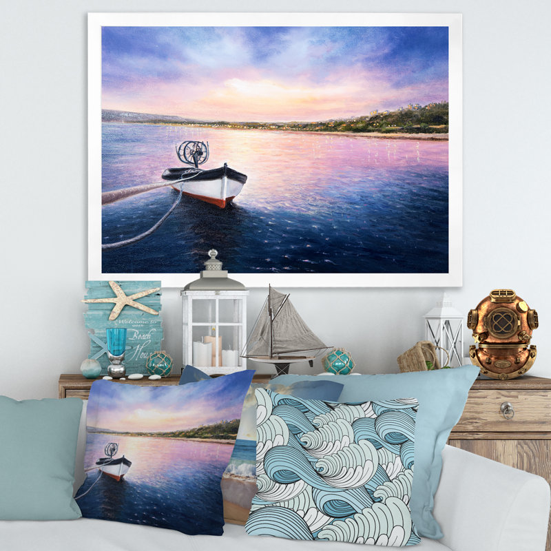 Bateau de pêche par le rivage pendant un coucher de soleil vibrant - peinture sur toile, H 12 po x l 20 po x p 1 po