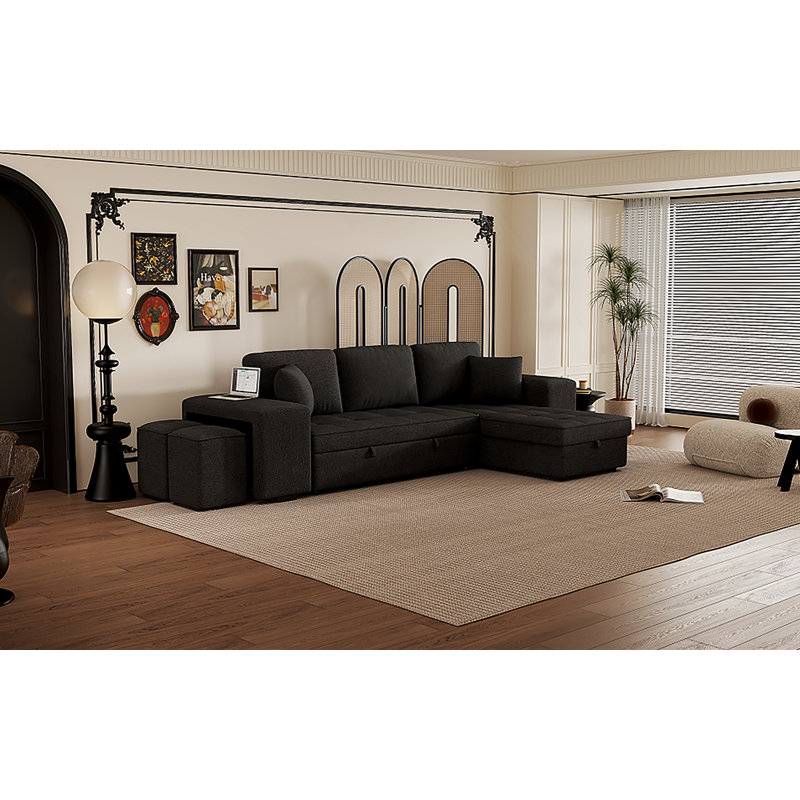 Canapé modulaire réversible en L de 104 po à 3 places, canapé-lit escamotable avec méridienne de rangement et 2 tabourets pour le salon, gris anthracite
