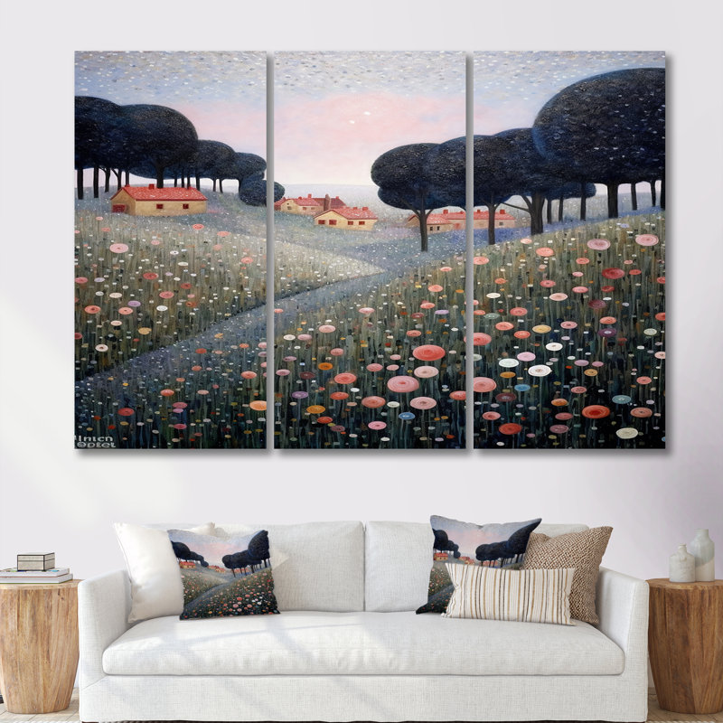 «Blooming Wildflowers In Countryside Town», ensemble d'art mural prairie, Toile tendue, H 28 po x l 36 po x P 1 po