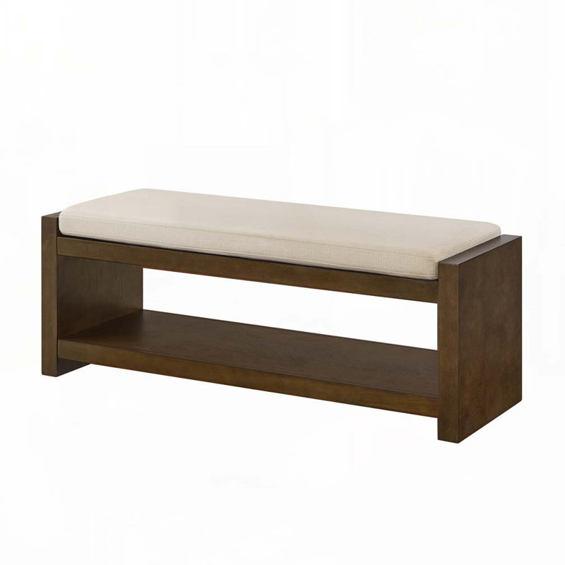 Wood Frame Storage Bench with Removable Cushion, Lower Shelf, Ivory