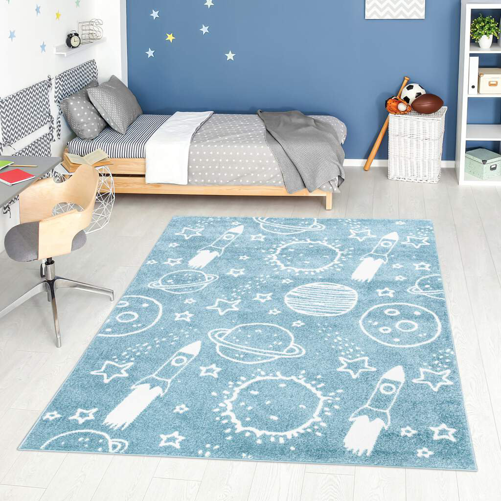 Kinderteppich Anime 912 Blau Weltall Planet Rakete Kinderzimmer Kurzflor Fredette