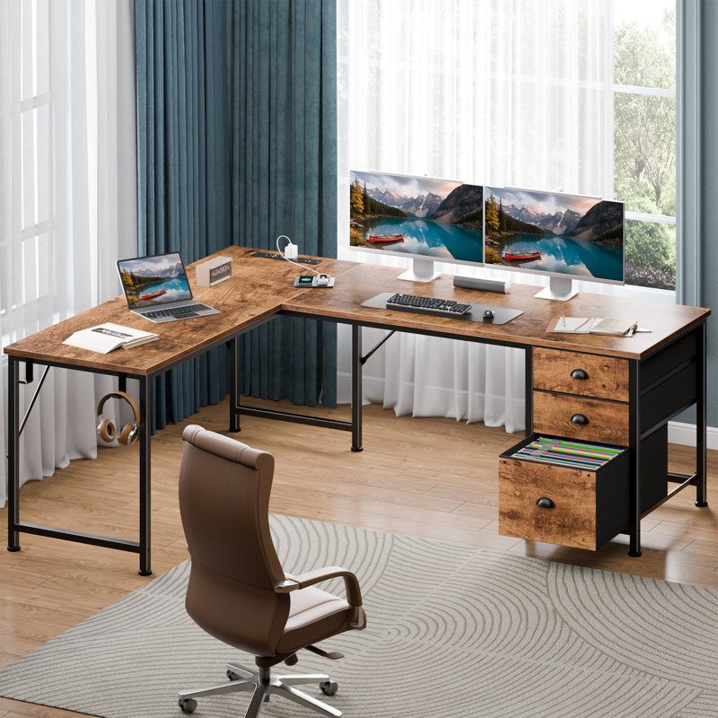 62.8 Inch L-Shaped Computer Desk with Power Outlets & Storage Drawers, Reversible Gaming Desk for Home Office, Rustic Brown
