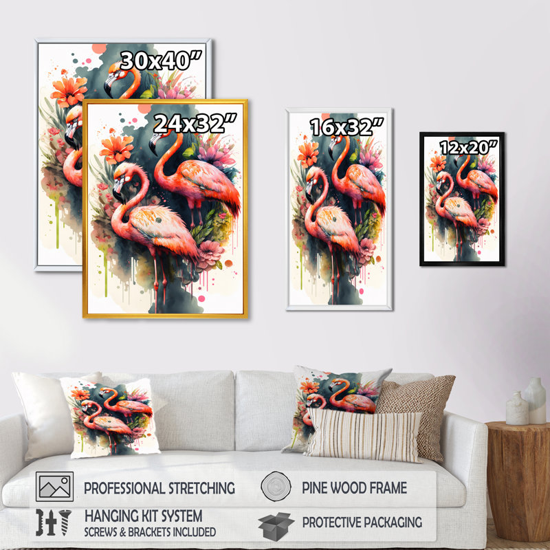 Mignon flamants roses - Peinture sur toile, H 32 po x l 24 po x P 1 po, Cadre flottant doré